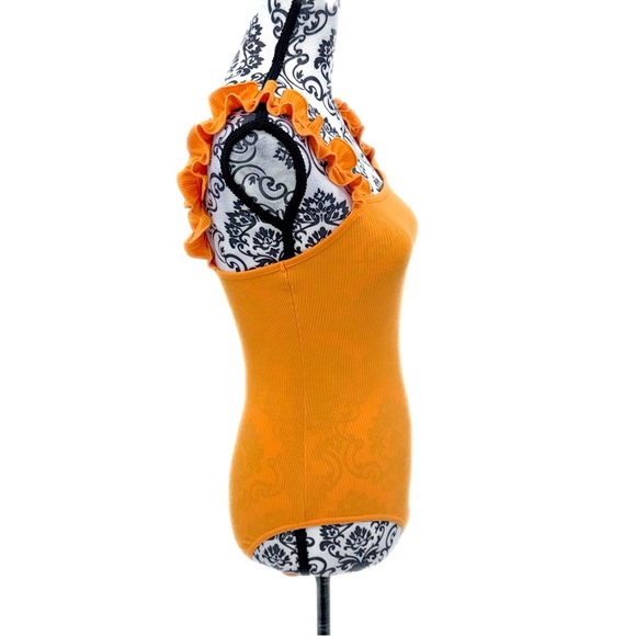 Heatherly Ribbed Orange Citrus Ruffle Strap Bodysuit Cottagecore Y2K XS Petite - Picture 8 of 9